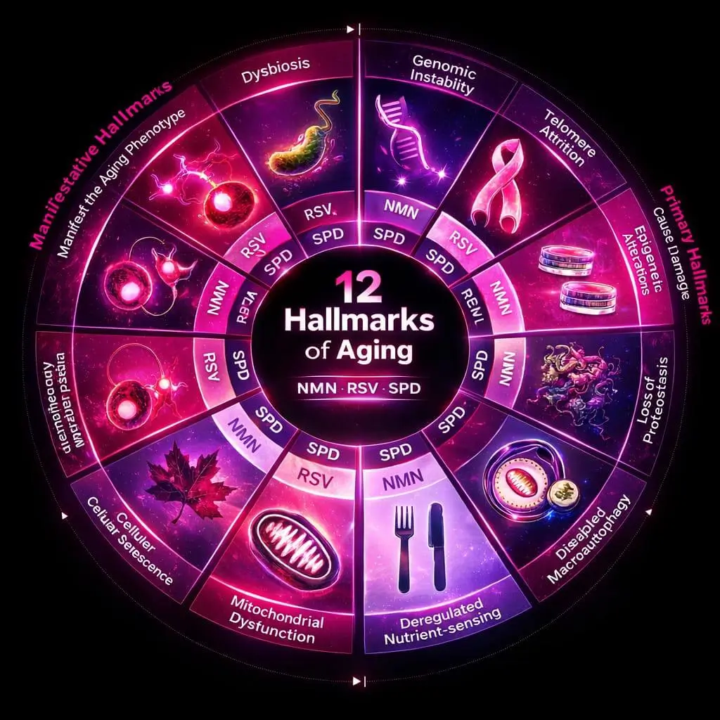 DoNotAge longevity sachet 12 hallmarks of ageing diagram
